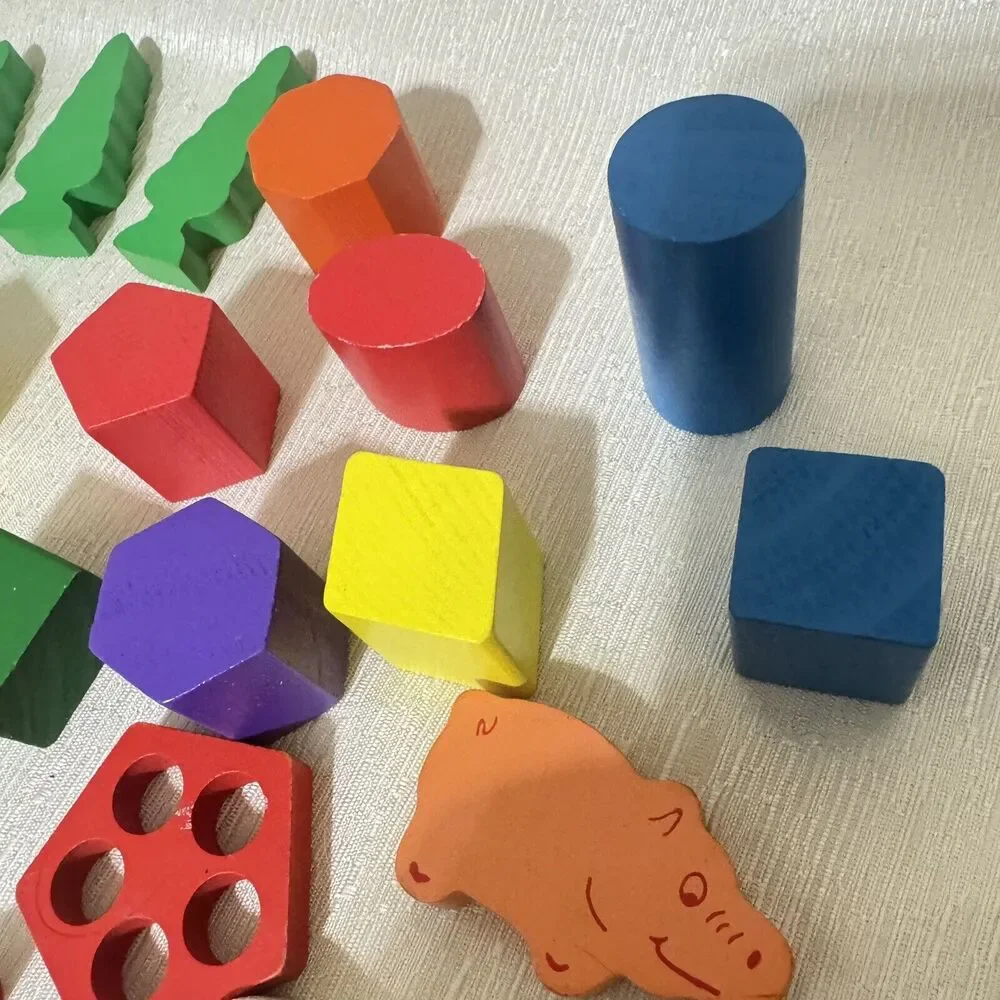 Vtg Lot‎ Childrens Multi-Color Wooden Building Blocks Animals People Montessori